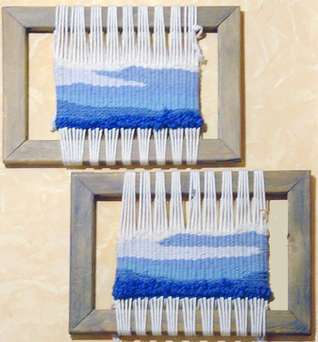 PAISAJES AZULES juego tapices realizados con hilos de algodón en bastidor de madera. Tamaño 20x30 cms. unidad