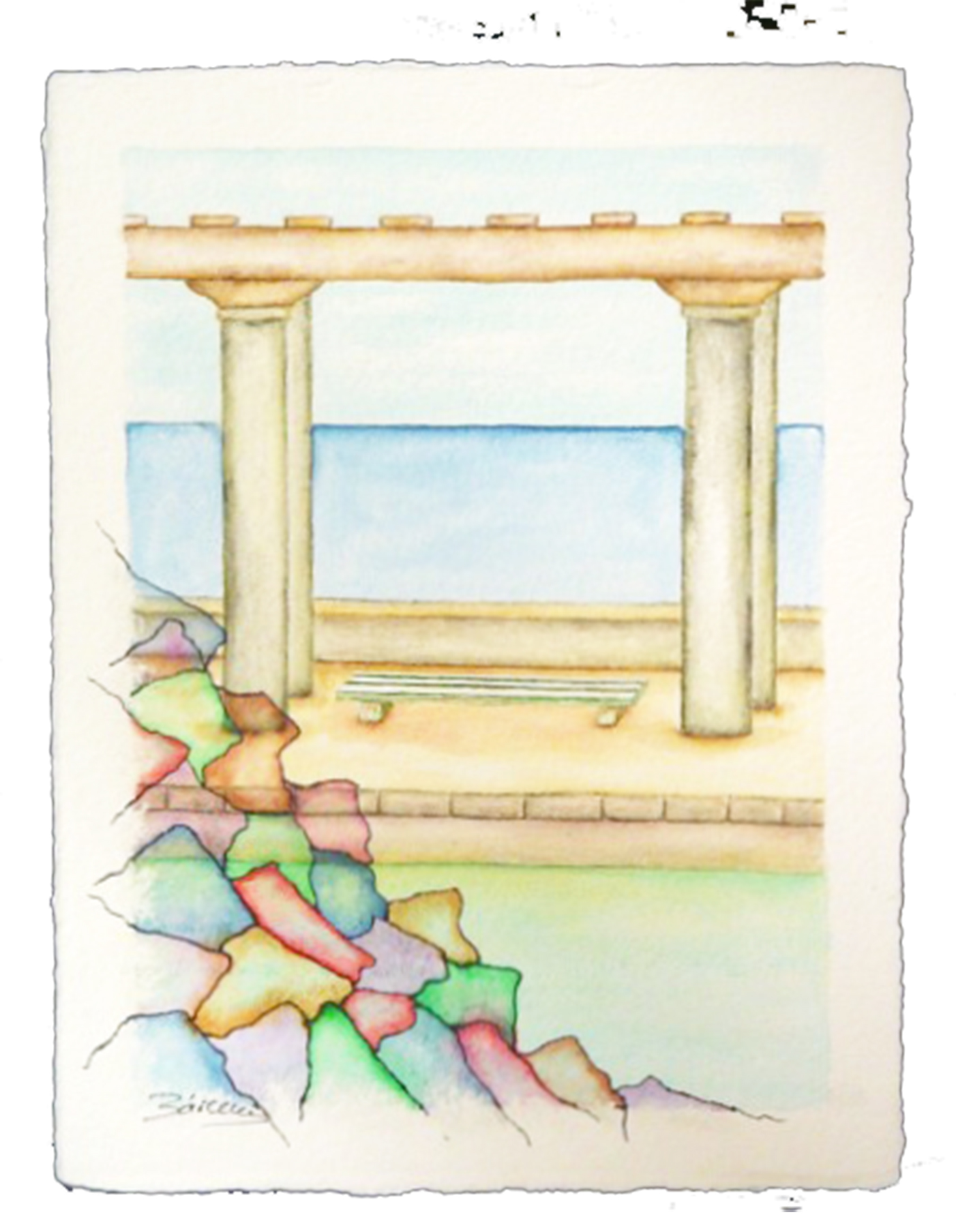 VISTAS PLAYA URBA.5 acuarela sobre pp. grabado tamaño 30X20 cms