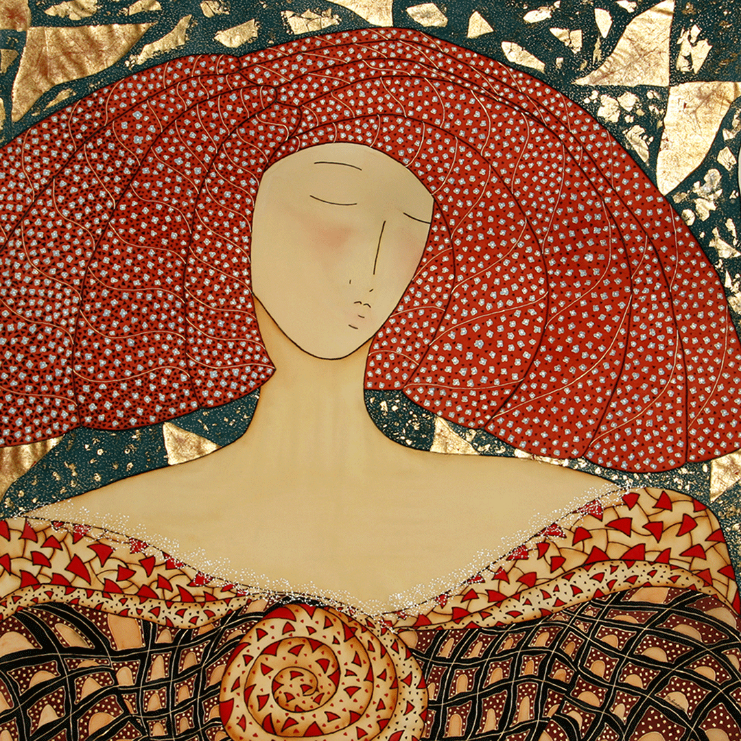 MANOLA SANDIAS acrílico sobre seda y pan de oro. Tamaño 90x90 cms. (colección privada)