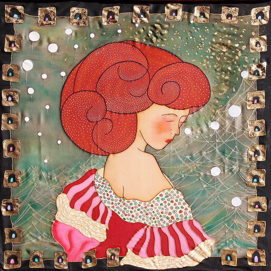 MANOLA SUEÑOS acrílico sobre seda. Tamaño 90x90 cms.