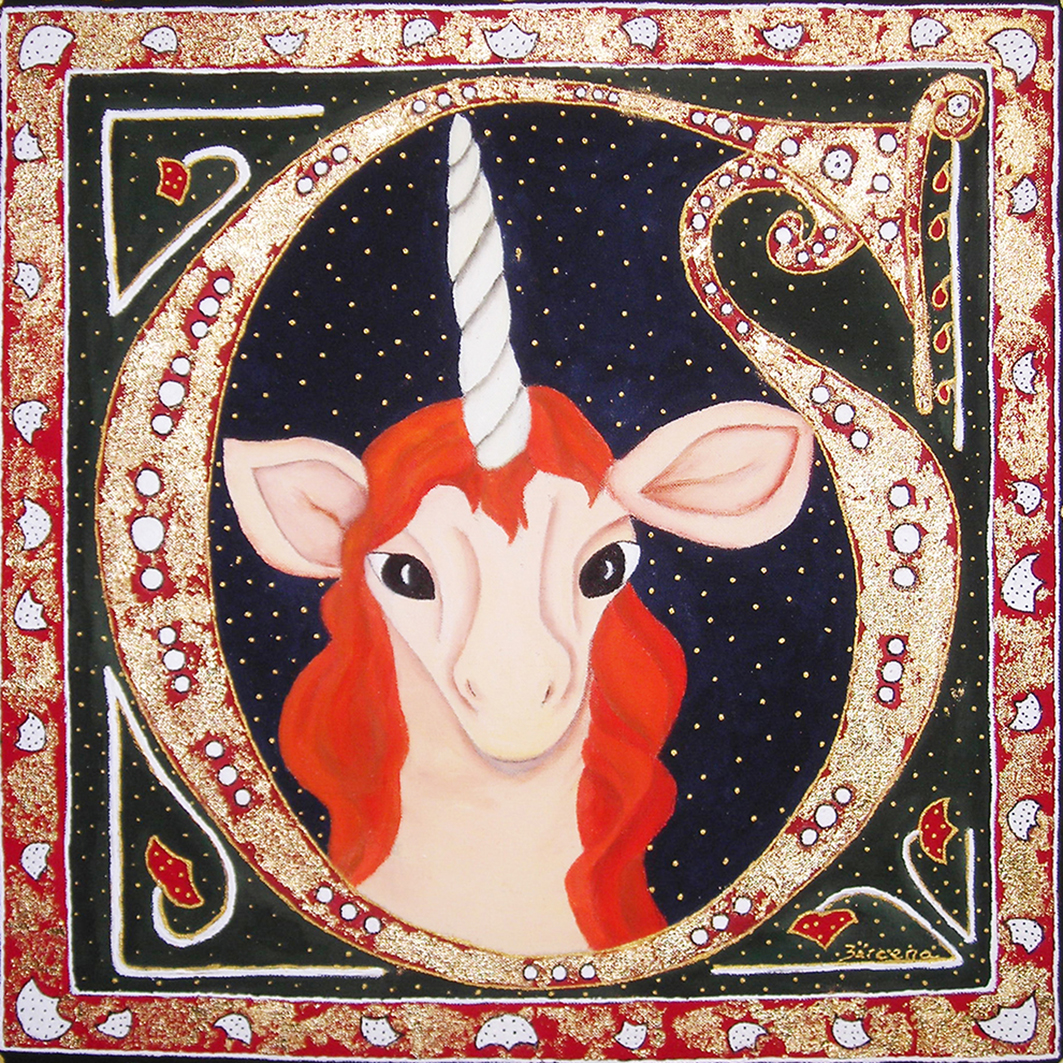 UNICORNIO ESTELAR acrílico sobre tela y pan de oro TAMAÑO 50X50 CMS