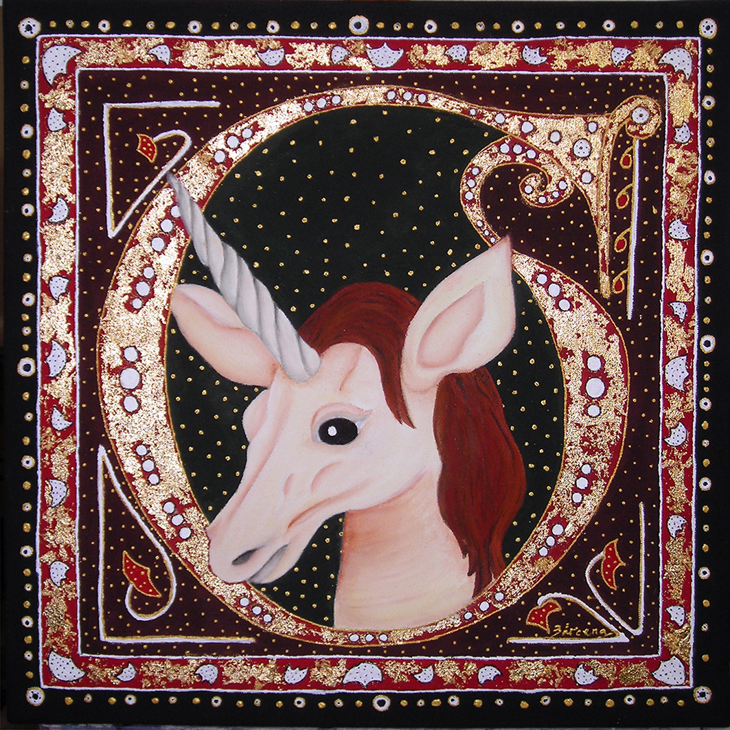 UNICORNIO NIT acrílico sobre tela y pan de oro TAMAÑO 50X50 CMS
