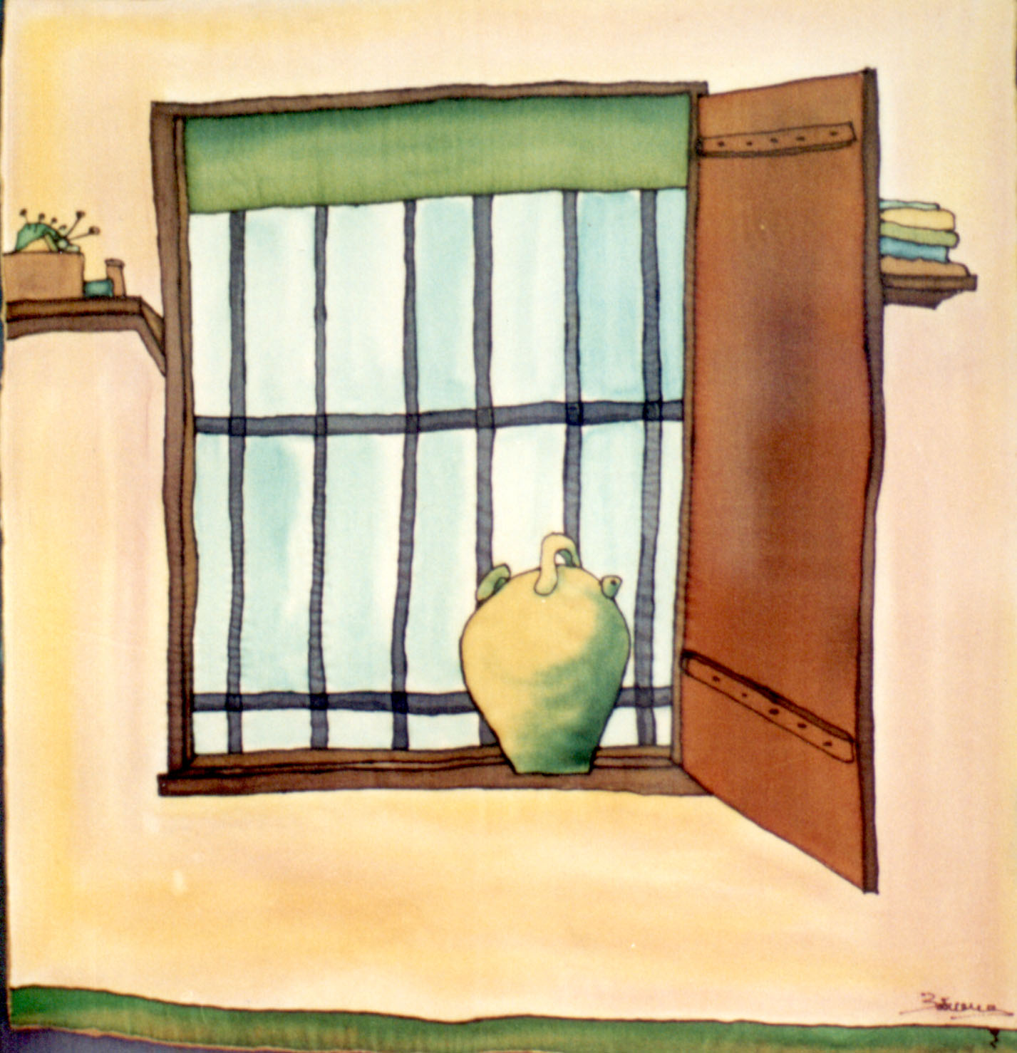 EN LA VENTANA acrílico sobre seda. Tamaño 55x55 cm.s